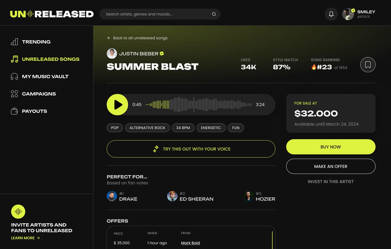 The Unreleased music marketplace on a laptop